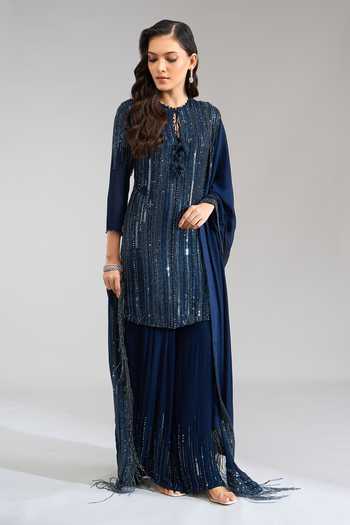 Nakul Sen Blue Round Neck, Yes Linear Embroidered Short Kurta Sharara Set at Aza Fashions Nakul Sen_Blue Round Neck, Yes Linear Embroidered Short Kurta Sharara Set _at_Aza_Fashions