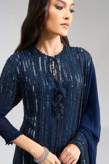 Buy Nakul Sen Blue Round Neck, Yes Linear Embroidered Short Kurta Sharara Set Buy_Nakul Sen_Blue Round Neck, Yes Linear Embroidered Short Kurta Sharara Set
