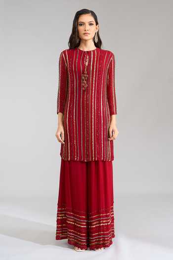 Shop Nakul Sen Red Round Neck, Yes Embroidered Short Kurta Sharara Set Online at Aza Fashions Shop_Nakul Sen_Red Round Neck, Yes Embroidered Short Kurta Sharara Set _Online_at_Aza_Fashions