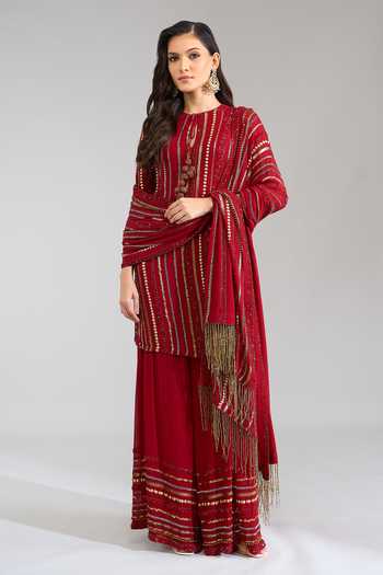 Nakul Sen Red Round Neck, Yes Embroidered Short Kurta Sharara Set at Aza Fashions Nakul Sen_Red Round Neck, Yes Embroidered Short Kurta Sharara Set _at_Aza_Fashions