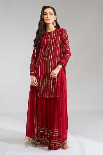 Buy Nakul Sen Red Round Neck, Yes Embroidered Short Kurta Sharara Set Buy_Nakul Sen_Red Round Neck, Yes Embroidered Short Kurta Sharara Set