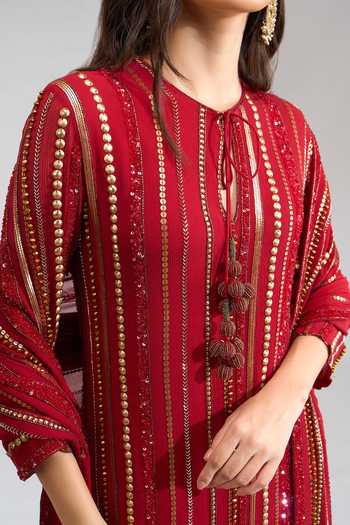 Shop Nakul Sen Red Round Neck, Yes Embroidered Short Kurta Sharara Set Shop_Nakul Sen_Red Round Neck, Yes Embroidered Short Kurta Sharara Set
