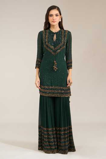 Shop Nakul Sen Green Silk, Chiffon Keyhole Neck Scattered Sequin Kurta Sharara Set Online at Aza Fashions Shop_Nakul Sen_Green Silk, Chiffon Keyhole Neck Scattered Sequin Kurta Sharara Set _Online_at_Aza_Fashions