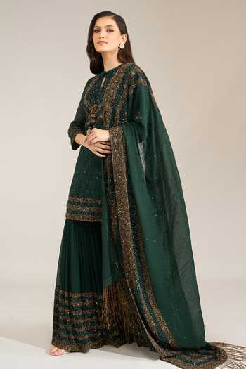 Buy Nakul Sen Green Silk, Chiffon Keyhole Neck Scattered Sequin Kurta Sharara Set Online at Aza Fashions Buy_Nakul Sen_Green Silk, Chiffon Keyhole Neck Scattered Sequin Kurta Sharara Set _Online_at_Aza_Fashions