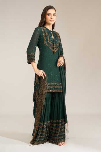 Buy Nakul Sen Green Silk, Chiffon Keyhole Neck Scattered Sequin Kurta Sharara Set Buy_Nakul Sen_Green Silk, Chiffon Keyhole Neck Scattered Sequin Kurta Sharara Set