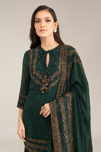 Shop Nakul Sen Green Silk, Chiffon Keyhole Neck Scattered Sequin Kurta Sharara Set Shop_Nakul Sen_Green Silk, Chiffon Keyhole Neck Scattered Sequin Kurta Sharara Set