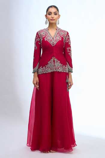 Buy Prisho Red V-neck Embroidered Peplum Top And Sharara Set Online at Aza Fashions Buy_Prisho_Red V-neck Embroidered Peplum Top And Sharara Set _Online_at_Aza_Fashions