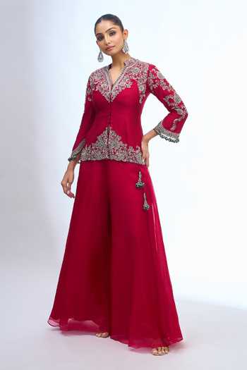 Shop Prisho Red V-neck Embroidered Peplum Top And Sharara Set Online at Aza Fashions Shop_Prisho_Red V-neck Embroidered Peplum Top And Sharara Set _Online_at_Aza_Fashions