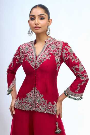 Prisho Red V-neck Embroidered Peplum Top And Sharara Set at Aza Fashions Prisho_Red V-neck Embroidered Peplum Top And Sharara Set _at_Aza_Fashions