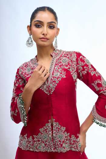 Buy Prisho Red V-neck Embroidered Peplum Top And Sharara Set Buy_Prisho_Red V-neck Embroidered Peplum Top And Sharara Set