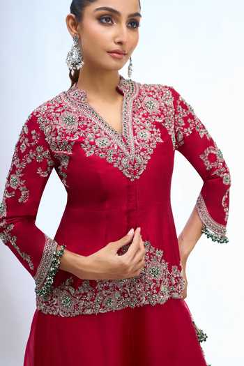 Shop Prisho Red V-neck Embroidered Peplum Top And Sharara Set Shop_Prisho_Red V-neck Embroidered Peplum Top And Sharara Set