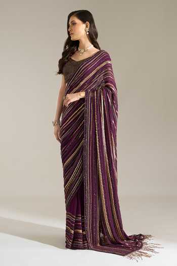 Buy Nakul Sen Purple Silk, Chiffon V-neck Liner Embroidered Saree With Blouse Buy_Nakul Sen_Purple Silk, Chiffon V-neck Liner Embroidered Saree With Blouse
