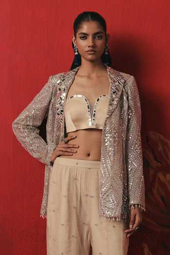 Twenty Nine Silver Net Open Neck Embroidered Lapel Collar Jacket Online at Aza Fashions Twenty Nine_Silver Net Open Neck Embroidered Lapel Collar Jacket _Online_at_Aza_Fashions