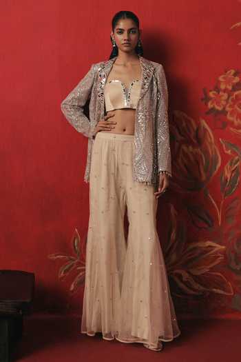 Buy Twenty Nine Silver Net Open Neck Embroidered Lapel Collar Jacket Online at Aza Fashions Buy_Twenty Nine_Silver Net Open Neck Embroidered Lapel Collar Jacket _Online_at_Aza_Fashions