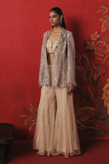 Shop Twenty Nine Silver Net Open Neck Embroidered Lapel Collar Jacket Online at Aza Fashions Shop_Twenty Nine_Silver Net Open Neck Embroidered Lapel Collar Jacket _Online_at_Aza_Fashions