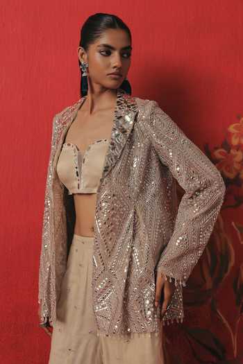 Twenty Nine Silver Net Open Neck Embroidered Lapel Collar Jacket at Aza Fashions Twenty Nine_Silver Net Open Neck Embroidered Lapel Collar Jacket _at_Aza_Fashions