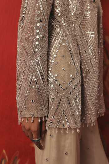Buy Twenty Nine Silver Net Open Neck Embroidered Lapel Collar Jacket Buy_Twenty Nine_Silver Net Open Neck Embroidered Lapel Collar Jacket