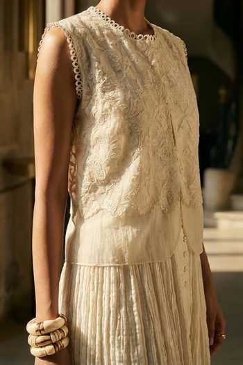 Aditi Somani Off White Chanderi Round Neck Dress And Jacket Set Online at Aza Fashions Aditi Somani_Off White Chanderi Round Neck Dress And Jacket Set _Online_at_Aza_Fashions