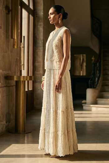 Buy Aditi Somani Off White Chanderi Round Neck Dress And Jacket Set Online at Aza Fashions Buy_Aditi Somani_Off White Chanderi Round Neck Dress And Jacket Set _Online_at_Aza_Fashions