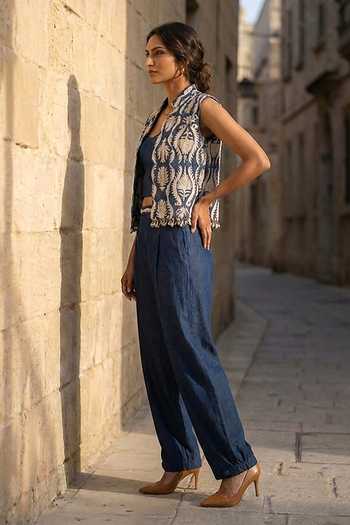 Aditi Somani Blue Denim Sweetheart Neck, Mandarin Collar Jacket And Pant Set Online at Aza Fashions Aditi Somani_Blue Denim Sweetheart Neck, Mandarin Collar Jacket And Pant Set _Online_at_Aza_Fashions