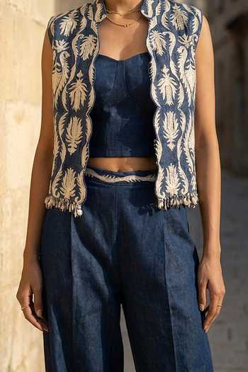 Buy Aditi Somani Blue Denim Sweetheart Neck, Mandarin Collar Jacket And Pant Set Online at Aza Fashions Buy_Aditi Somani_Blue Denim Sweetheart Neck, Mandarin Collar Jacket And Pant Set _Online_at_Aza_Fashions