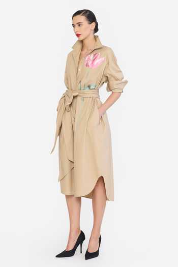Shop Gauri & Nainika Beige Cotton Collared Neck T Shirt Dress With Belt Online at Aza Fashions Shop_Gauri & Nainika_Beige Cotton Collared Neck T Shirt Dress With Belt _Online_at_Aza_Fashions