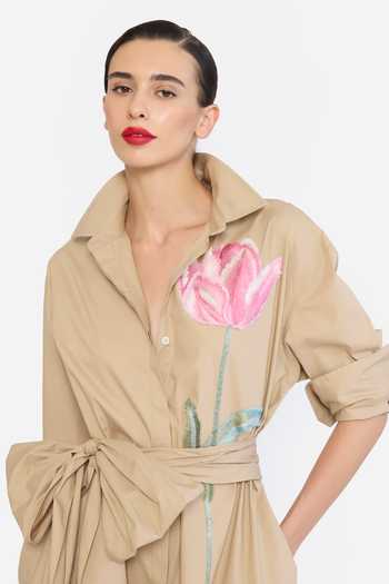 Gauri & Nainika Beige Cotton Collared Neck T Shirt Dress With Belt at Aza Fashions Gauri & Nainika_Beige Cotton Collared Neck T Shirt Dress With Belt _at_Aza_Fashions