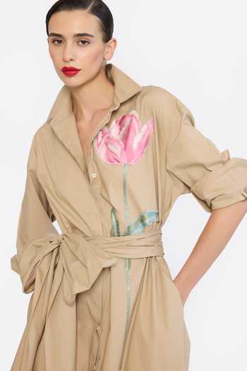Buy Gauri & Nainika Beige Cotton Collared Neck T Shirt Dress With Belt Buy_Gauri & Nainika_Beige Cotton Collared Neck T Shirt Dress With Belt