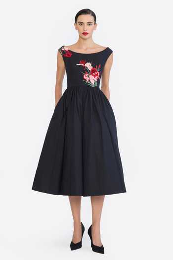 Gauri & Nainika Black Cotton Boat Neck Botanical Thread Embroidered Dress Online at Aza Fashions Gauri & Nainika_Black Cotton Boat Neck Botanical Thread Embroidered Dress _Online_at_Aza_Fashions