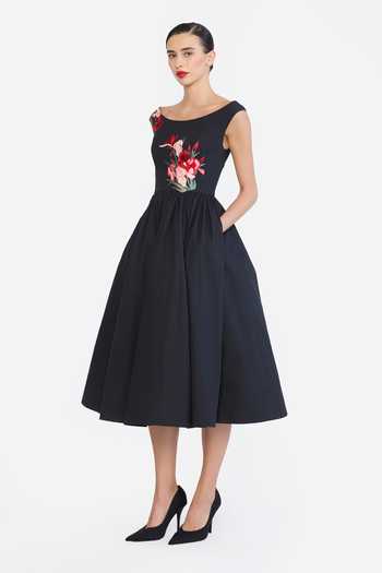 Shop Gauri & Nainika Black Cotton Boat Neck Botanical Thread Embroidered Dress Online at Aza Fashions Shop_Gauri & Nainika_Black Cotton Boat Neck Botanical Thread Embroidered Dress _Online_at_Aza_Fashions