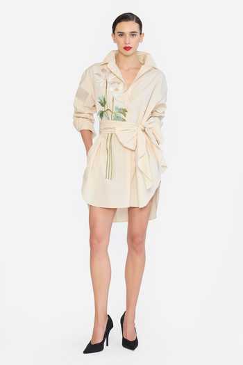Shop Gauri & Nainika Beige Cotton Collared Neck Embroidered Shirt Dress With Belt Online at Aza Fashions Shop_Gauri & Nainika_Beige Cotton Collared Neck Embroidered Shirt Dress With Belt _Online_at_Aza_Fashions