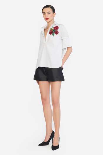 Gauri & Nainika White Cotton Collared Neck Botanical Embroidered Shirt Online at Aza Fashions Gauri & Nainika_White Cotton Collared Neck Botanical Embroidered Shirt _Online_at_Aza_Fashions