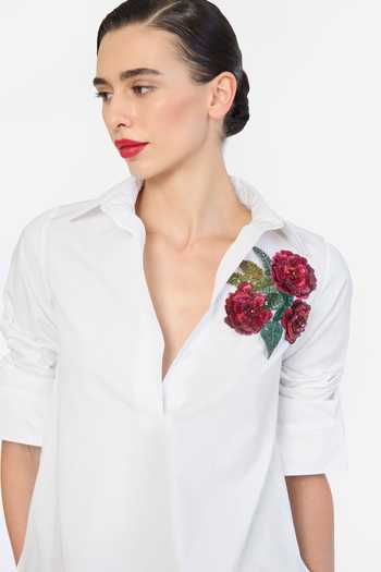 Buy Gauri & Nainika White Cotton Collared Neck Botanical Embroidered Shirt Online at Aza Fashions Buy_Gauri & Nainika_White Cotton Collared Neck Botanical Embroidered Shirt _Online_at_Aza_Fashions