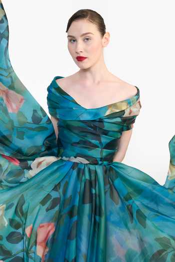 Gauri & Nainika Blue Organza Off-shoulder Off Twisted Draped Dress Online at Aza Fashions Gauri & Nainika_Blue Organza Off-shoulder Off Twisted Draped Dress _Online_at_Aza_Fashions