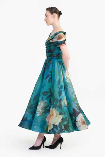 Shop Gauri & Nainika Blue Organza Off-shoulder Off Twisted Draped Dress Online at Aza Fashions Shop_Gauri & Nainika_Blue Organza Off-shoulder Off Twisted Draped Dress _Online_at_Aza_Fashions