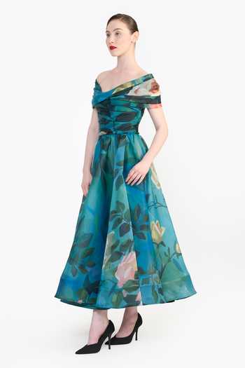 Gauri & Nainika Blue Organza Off-shoulder Off Twisted Draped Dress at Aza Fashions Gauri & Nainika_Blue Organza Off-shoulder Off Twisted Draped Dress _at_Aza_Fashions