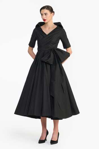 Shop Gauri & Nainika Black Taffeta Shawl Neck High Collared Draped Dress Online at Aza Fashions Shop_Gauri & Nainika_Black Taffeta Shawl Neck High Collared Draped Dress _Online_at_Aza_Fashions