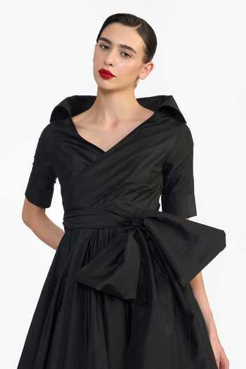 Gauri & Nainika Black Taffeta Shawl Neck High Collared Draped Dress at Aza Fashions Gauri & Nainika_Black Taffeta Shawl Neck High Collared Draped Dress _at_Aza_Fashions