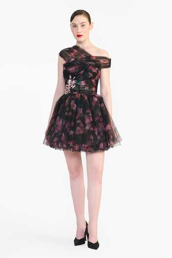 Gauri & Nainika Black Tulle One Shoulder Off Printed Short Dress Online at Aza Fashions Gauri & Nainika_Black Tulle One Shoulder Off Printed Short Dress _Online_at_Aza_Fashions
