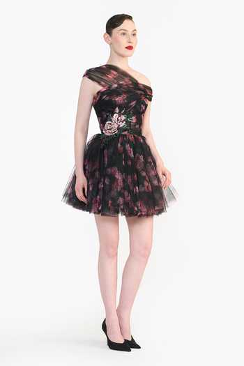 Buy Gauri & Nainika Black Tulle One Shoulder Off Printed Short Dress Online at Aza Fashions Buy_Gauri & Nainika_Black Tulle One Shoulder Off Printed Short Dress _Online_at_Aza_Fashions