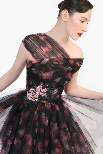 Shop Gauri & Nainika Black Tulle One Shoulder Off Printed Short Dress Online at Aza Fashions Shop_Gauri & Nainika_Black Tulle One Shoulder Off Printed Short Dress _Online_at_Aza_Fashions