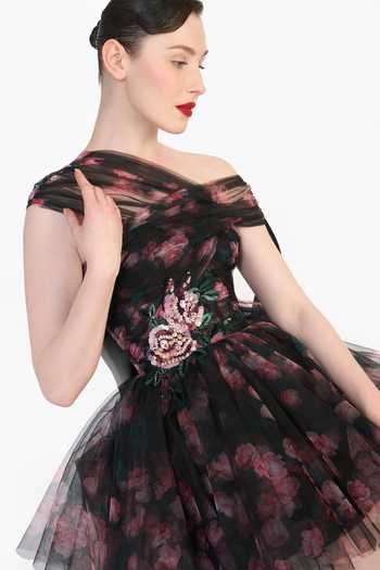 Gauri & Nainika Black Tulle One Shoulder Off Printed Short Dress at Aza Fashions Gauri & Nainika_Black Tulle One Shoulder Off Printed Short Dress _at_Aza_Fashions