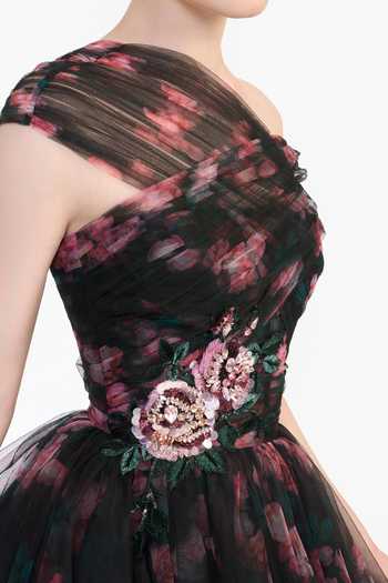 Buy Gauri & Nainika Black Tulle One Shoulder Off Printed Short Dress Buy_Gauri & Nainika_Black Tulle One Shoulder Off Printed Short Dress