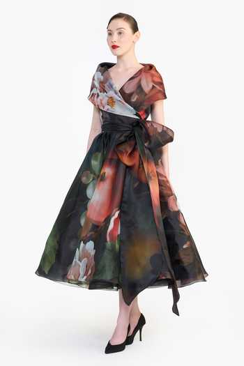 Gauri & Nainika Black Organza Shawl Neck Printed Wrap Dress With Belt Online at Aza Fashions Gauri & Nainika_Black Organza Shawl Neck Printed Wrap Dress With Belt _Online_at_Aza_Fashions