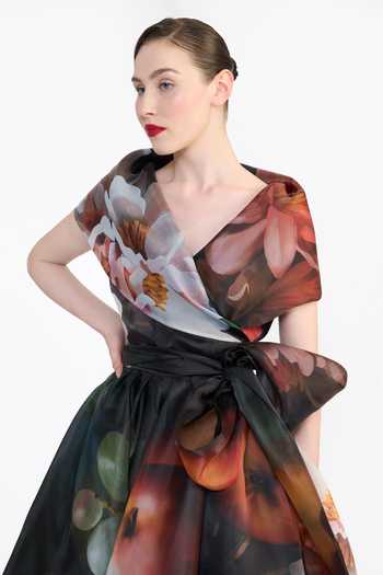 Shop Gauri & Nainika Black Organza Shawl Neck Printed Wrap Dress With Belt Online at Aza Fashions Shop_Gauri & Nainika_Black Organza Shawl Neck Printed Wrap Dress With Belt _Online_at_Aza_Fashions