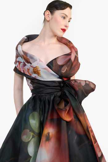 Gauri & Nainika Black Organza Shawl Neck Printed Wrap Dress With Belt at Aza Fashions Gauri & Nainika_Black Organza Shawl Neck Printed Wrap Dress With Belt _at_Aza_Fashions