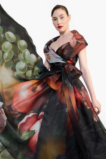 Buy Gauri & Nainika Black Organza Shawl Neck Printed Wrap Dress With Belt Buy_Gauri & Nainika_Black Organza Shawl Neck Printed Wrap Dress With Belt