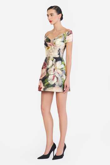 Gauri & Nainika Multi Color Off-shoulder Printed Draped Dress Online at Aza Fashions Gauri & Nainika_Multi Color Off-shoulder Printed Draped Dress _Online_at_Aza_Fashions