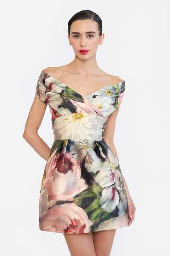 Shop Gauri & Nainika Multi Color Off-shoulder Printed Draped Dress Online at Aza Fashions Shop_Gauri & Nainika_Multi Color Off-shoulder Printed Draped Dress _Online_at_Aza_Fashions