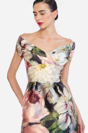 Gauri & Nainika Multi Color Off-shoulder Printed Draped Dress at Aza Fashions Gauri & Nainika_Multi Color Off-shoulder Printed Draped Dress _at_Aza_Fashions